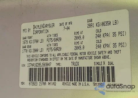 2005 Dodge Ram 1500 из США, поврежденный, VIN 1D7HA16D95J503047